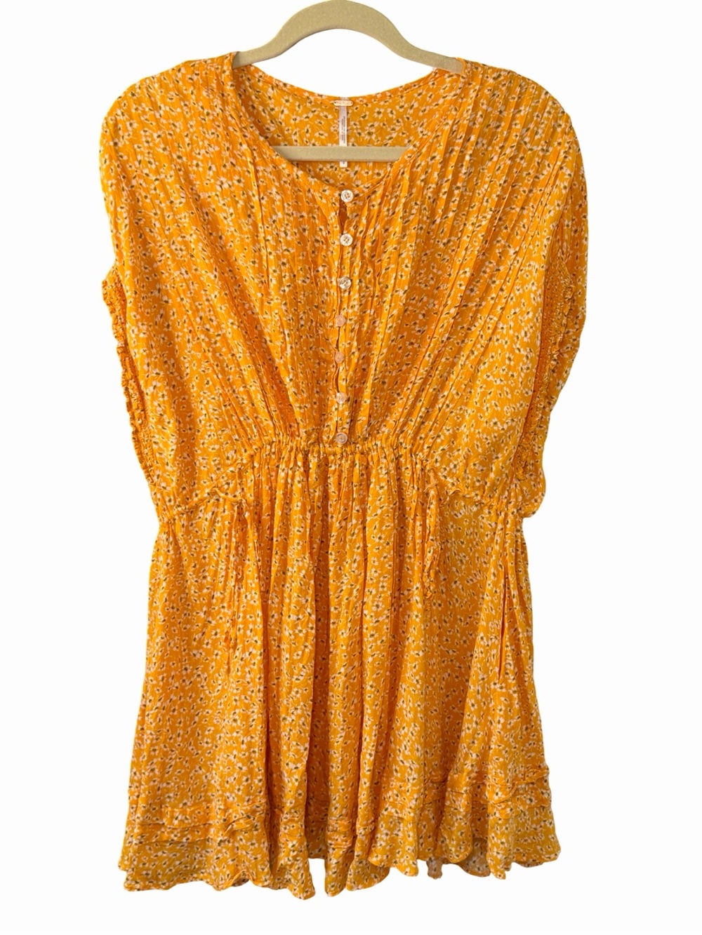 ☀️🍊 Free People One Fine Day Pintucked Mini Dress/Top in yellow/gold floral 🍊☀️